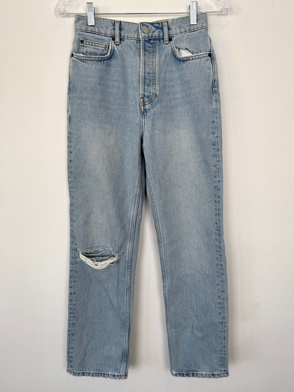 Reformation Size 24 Light Wash High Rise Straight Leg Distressed Denim Jeans